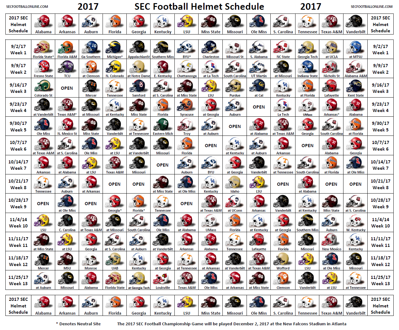 2017 SEC Helmet Schedule