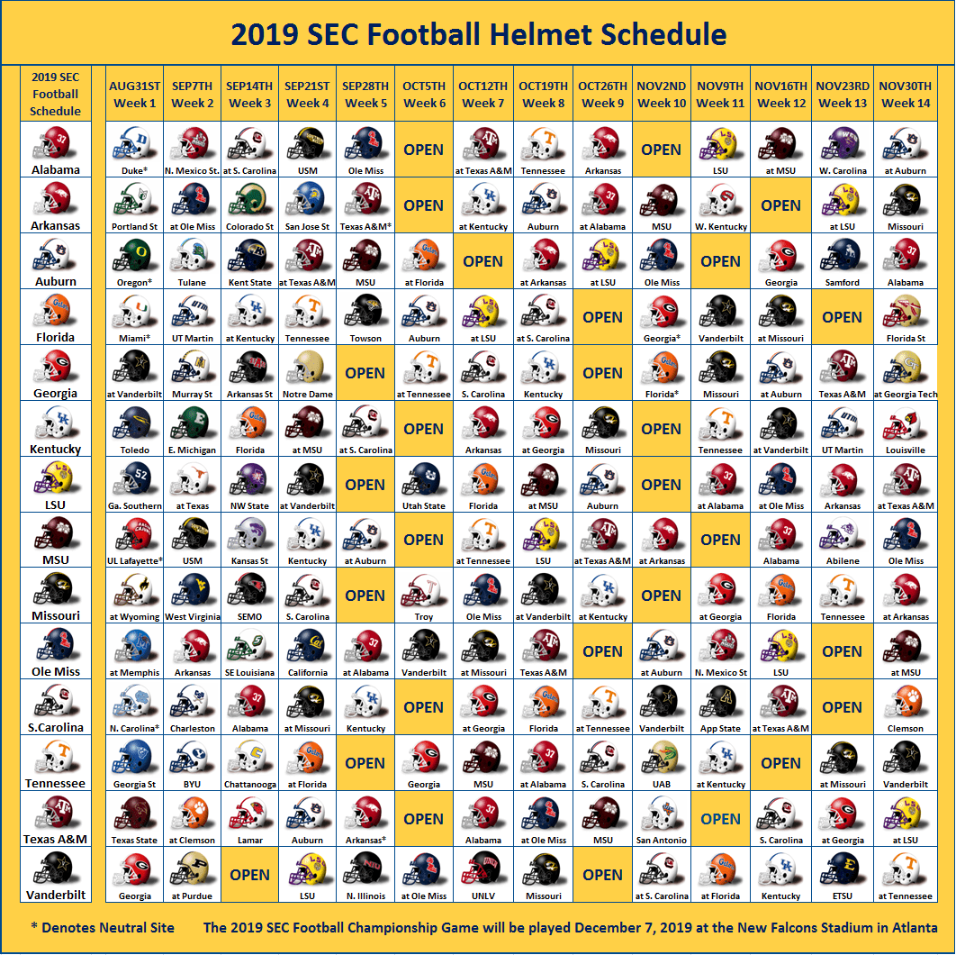 2019 SEC Football Helmet Schedule