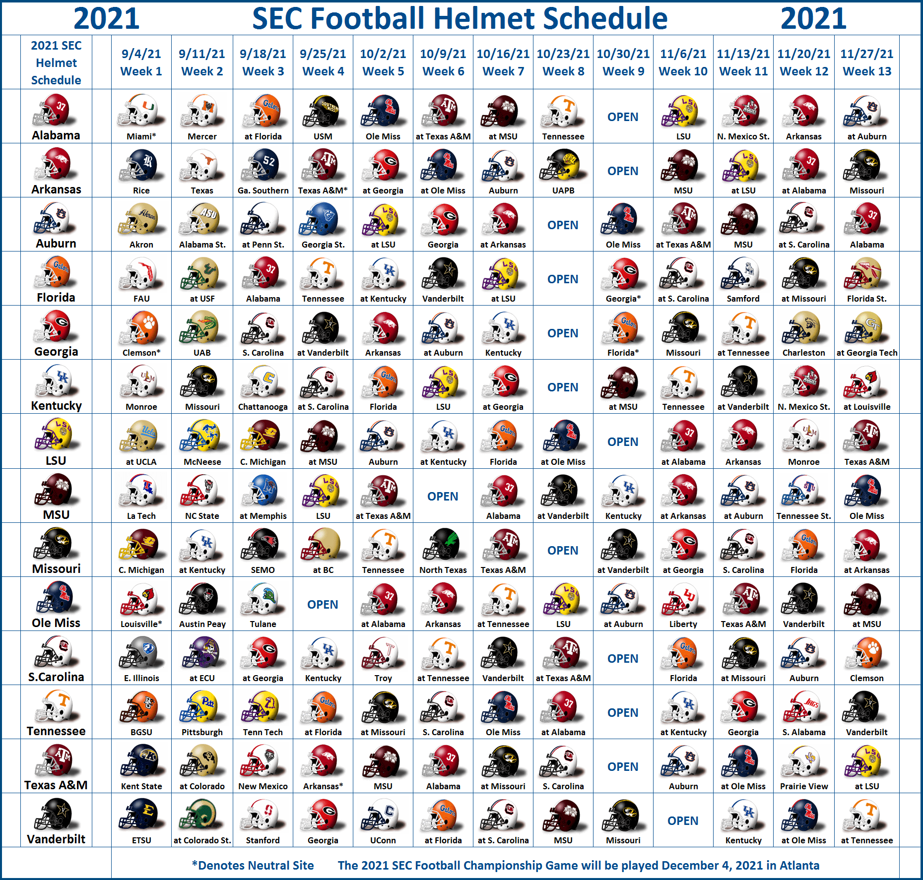 2021 SEC Football Helmet Schedule