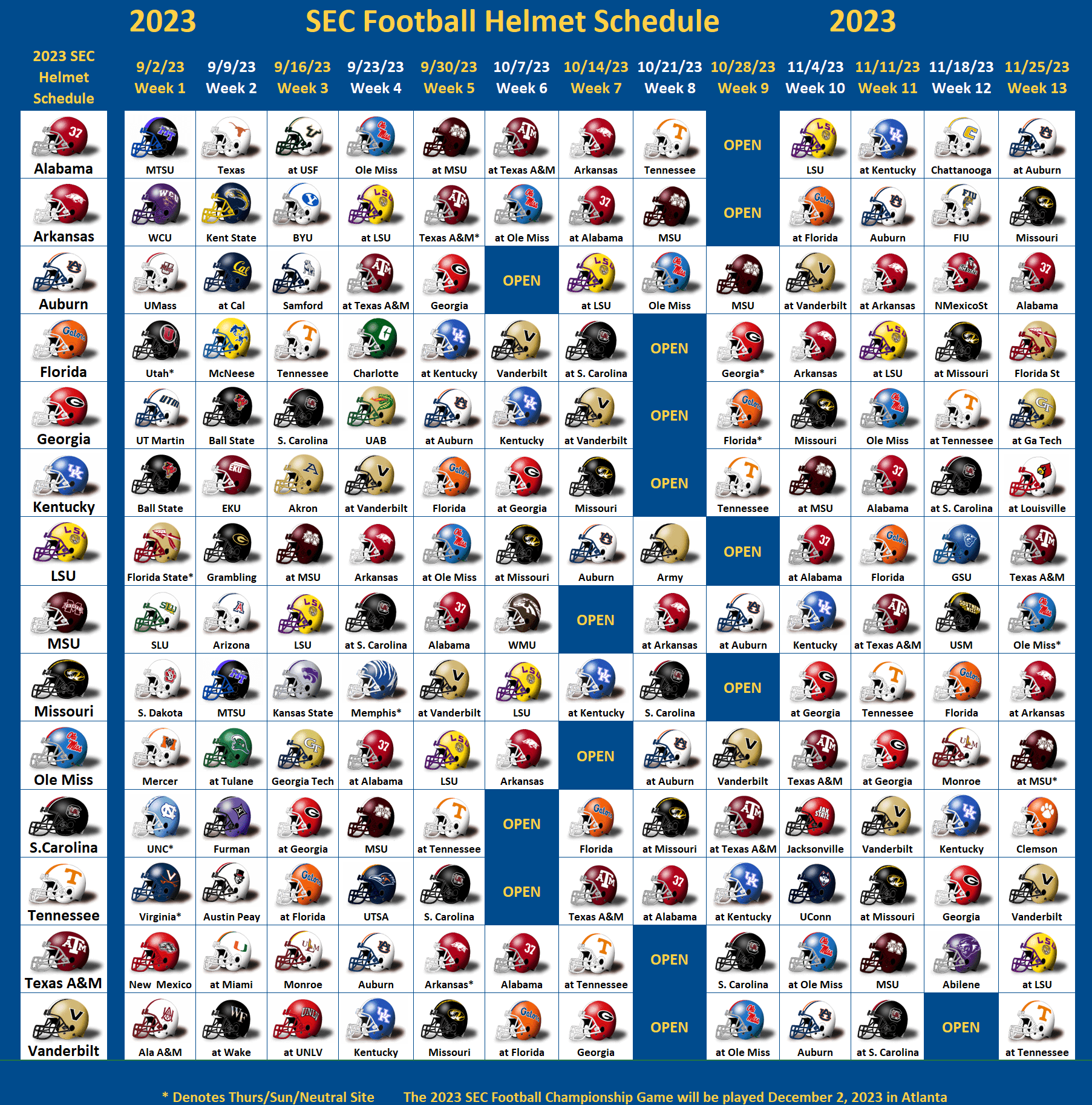 2023 SEC Football Helmet Schedule